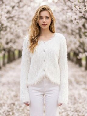 White Fuzzy Button-Up Women's Sweater Cardigan